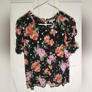 Poppi Floral Stretchy Womens Short Sleeve Blouse 2X